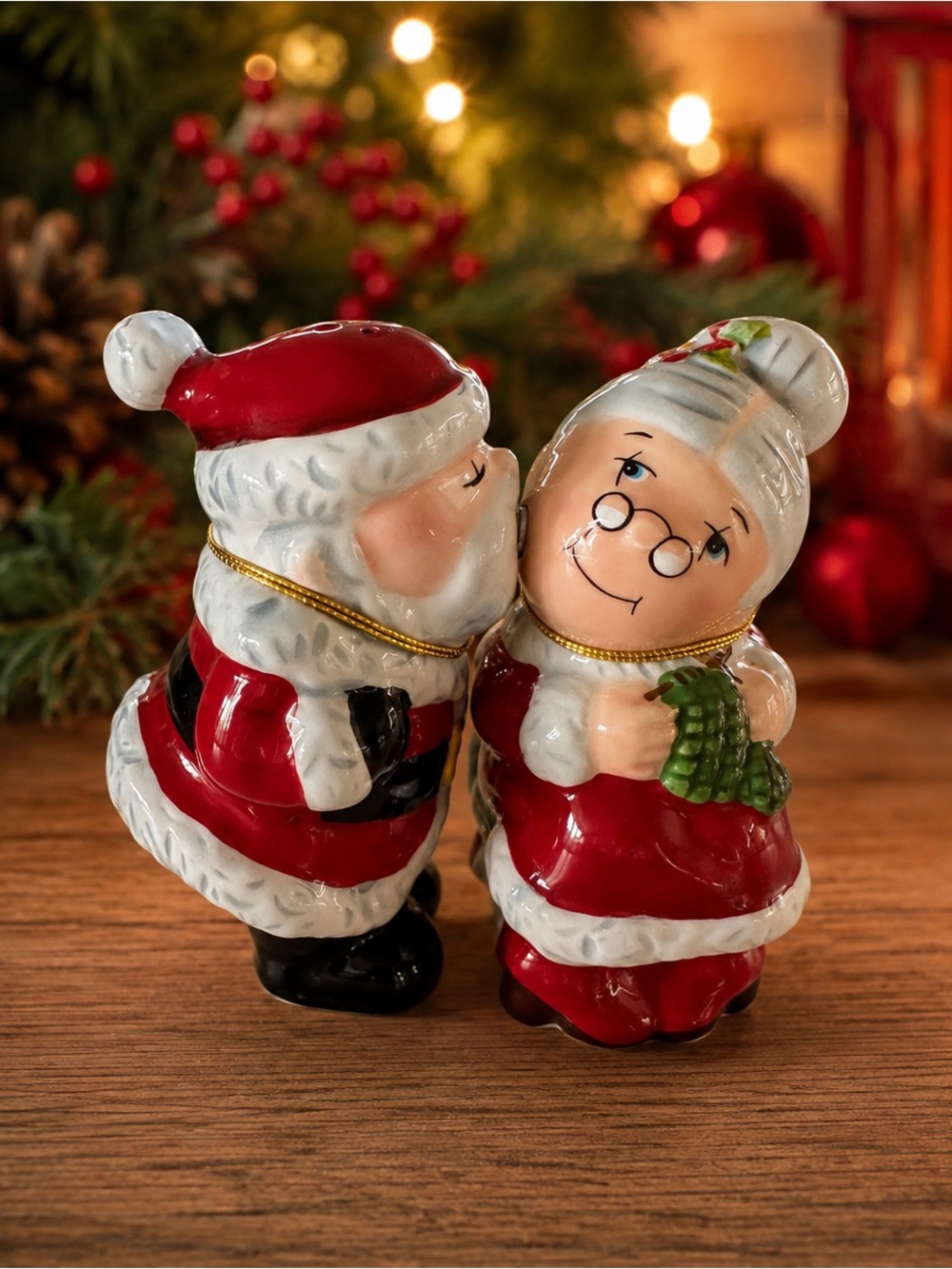 Festive Santa & Mrs. Claus Ceramic Ornament Set - Red
